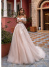 Off Shoulder Ivory Lace Blush Tulle Wedding Dress